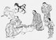 Russia / Japan: A group of Sakhalin Ainu men and their dogs capture a small bear. Mamiya Rinzo (1780-1844), <i>Kita Ezo zusetsu</i> ('An Account of The Northern Ezo' [Ainu]), Edo (Tokyo), 1855